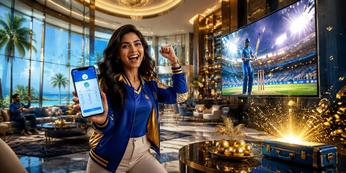 Blue and gold themed cricket betting interface on mobile screen